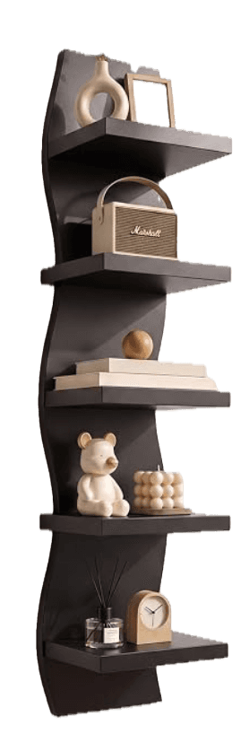A tall, dark-finished wall shelf featuring a distinctive wavy back panel and five rectangular shelve… — 3D model
