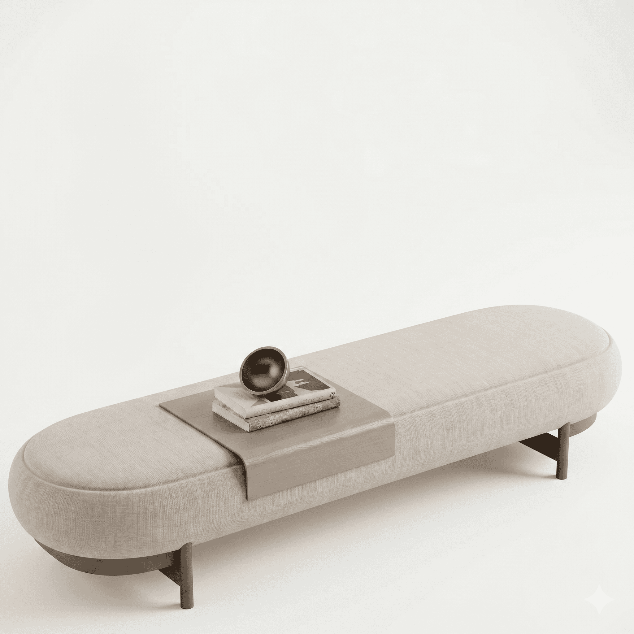 A modern, oval-shaped bench with a light beige fabric upholstery and a wooden tray insert on top. Th… — free OBJ 3D model