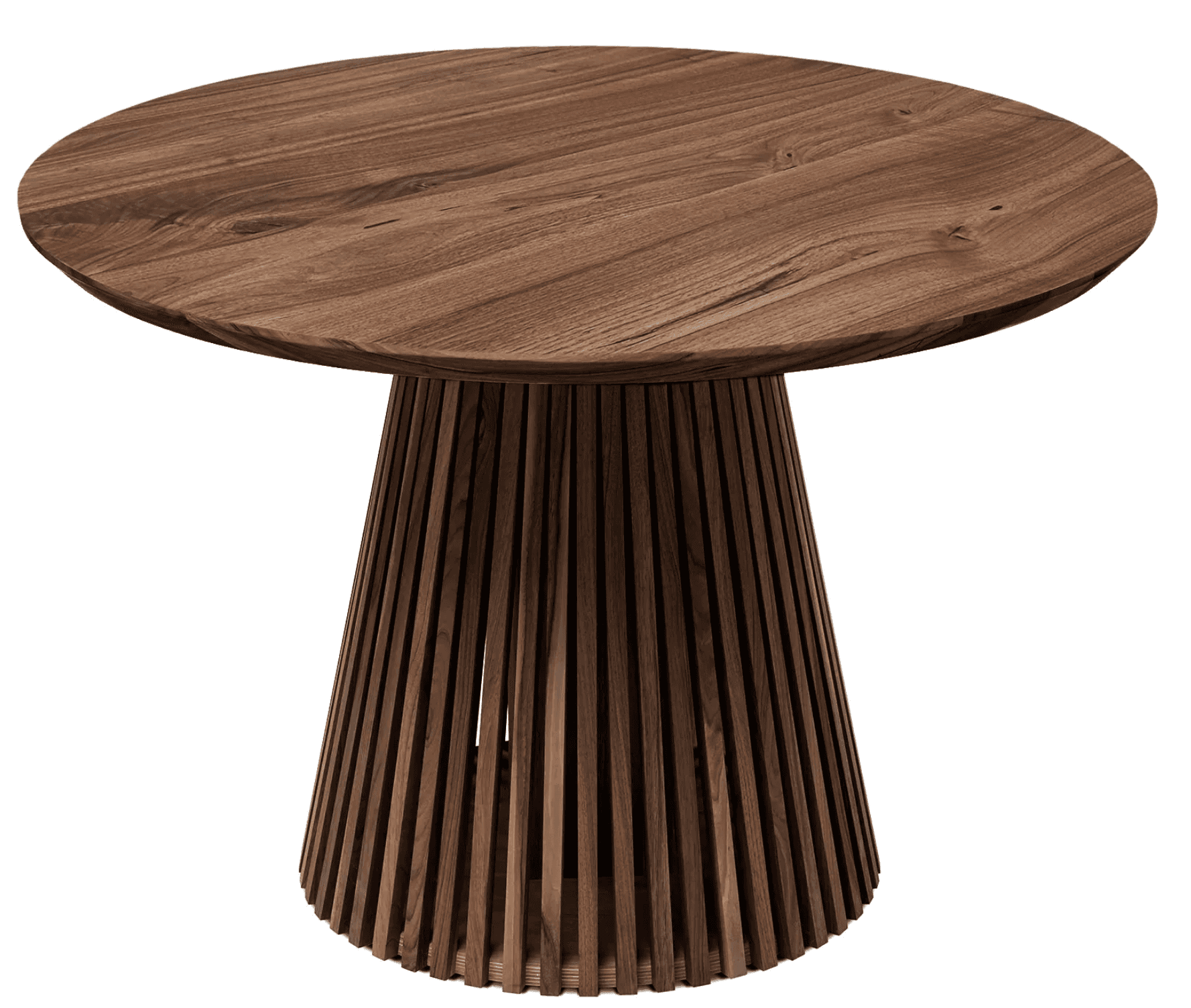 A round wooden table featuring a unique slatted pedestal base and a solid, smooth top. The wood disp… — 3D model