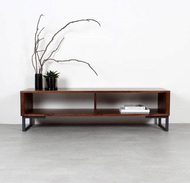 A long, low-profile media console featuring a dark brown wood-look finish and two open storage compa… — 3D model