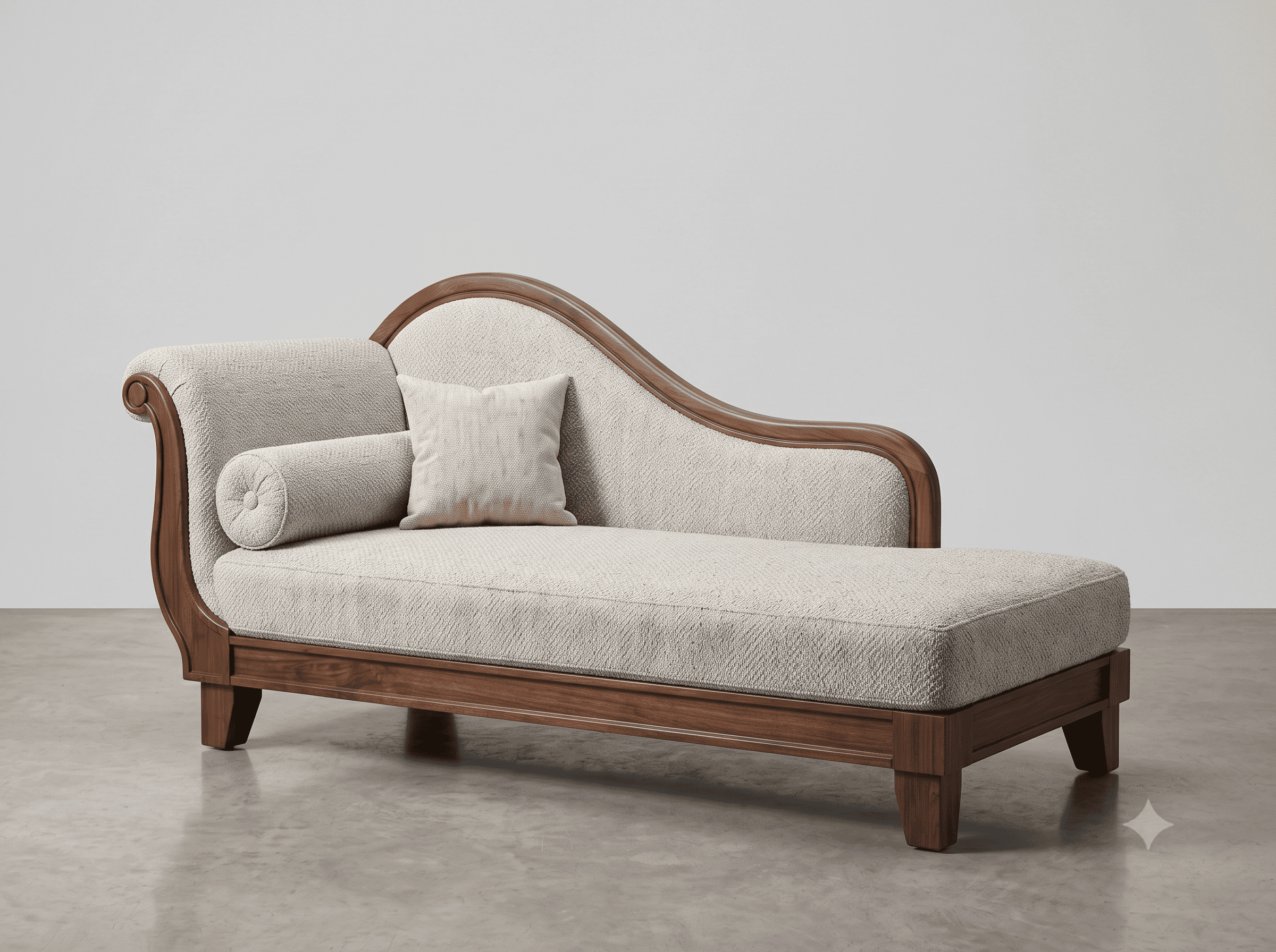 An elegant chaise lounge featuring a visible dark wood frame and light-colored textile upholstery. I… — free BLEND 3D model