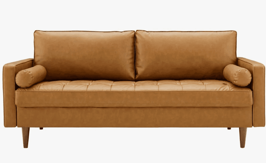 A modern two-seater sofa, commonly known as a loveseat, upholstered in a rich tan-colored material r… — 3D model