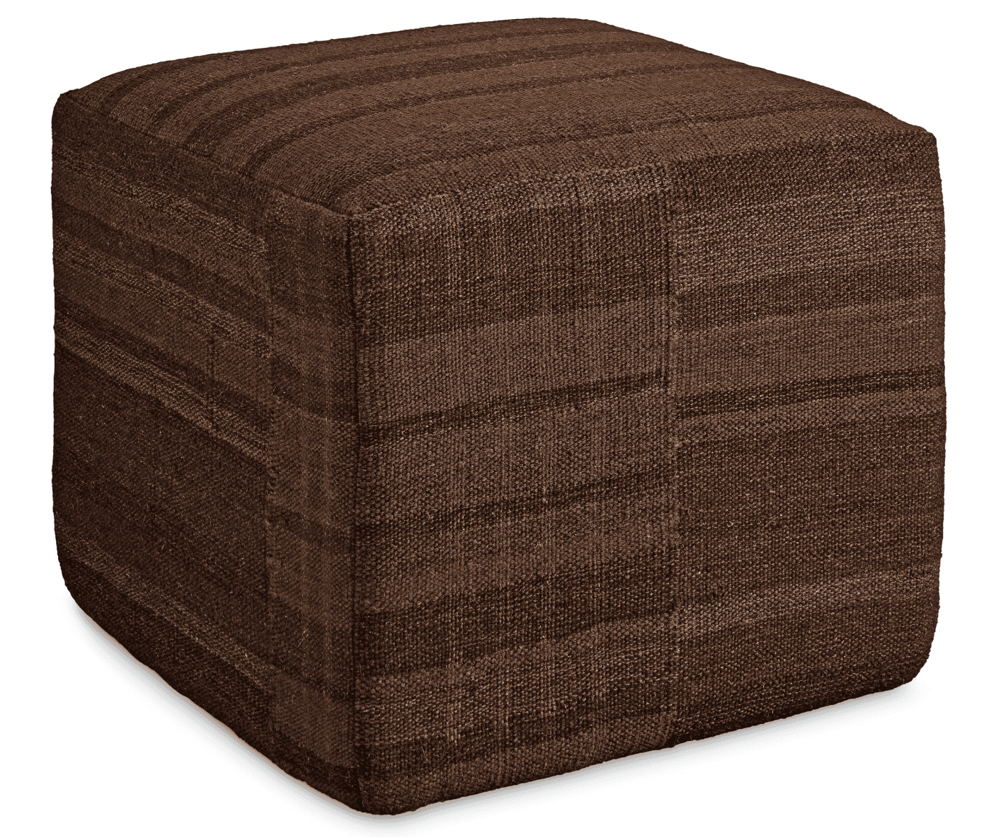 A cube-shaped ottoman upholstered in a woven fabric. The fabric features a striped pattern with vary… — 3D model