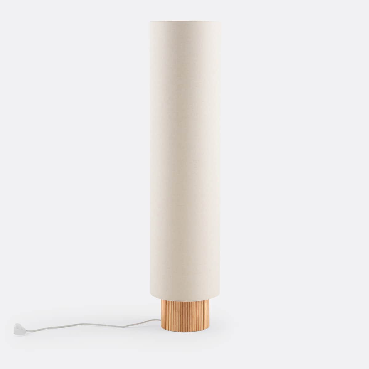 A contemporary floor lamp featuring a tall, slender cylindrical shade made of off-white fabric, rest… — 3D model
