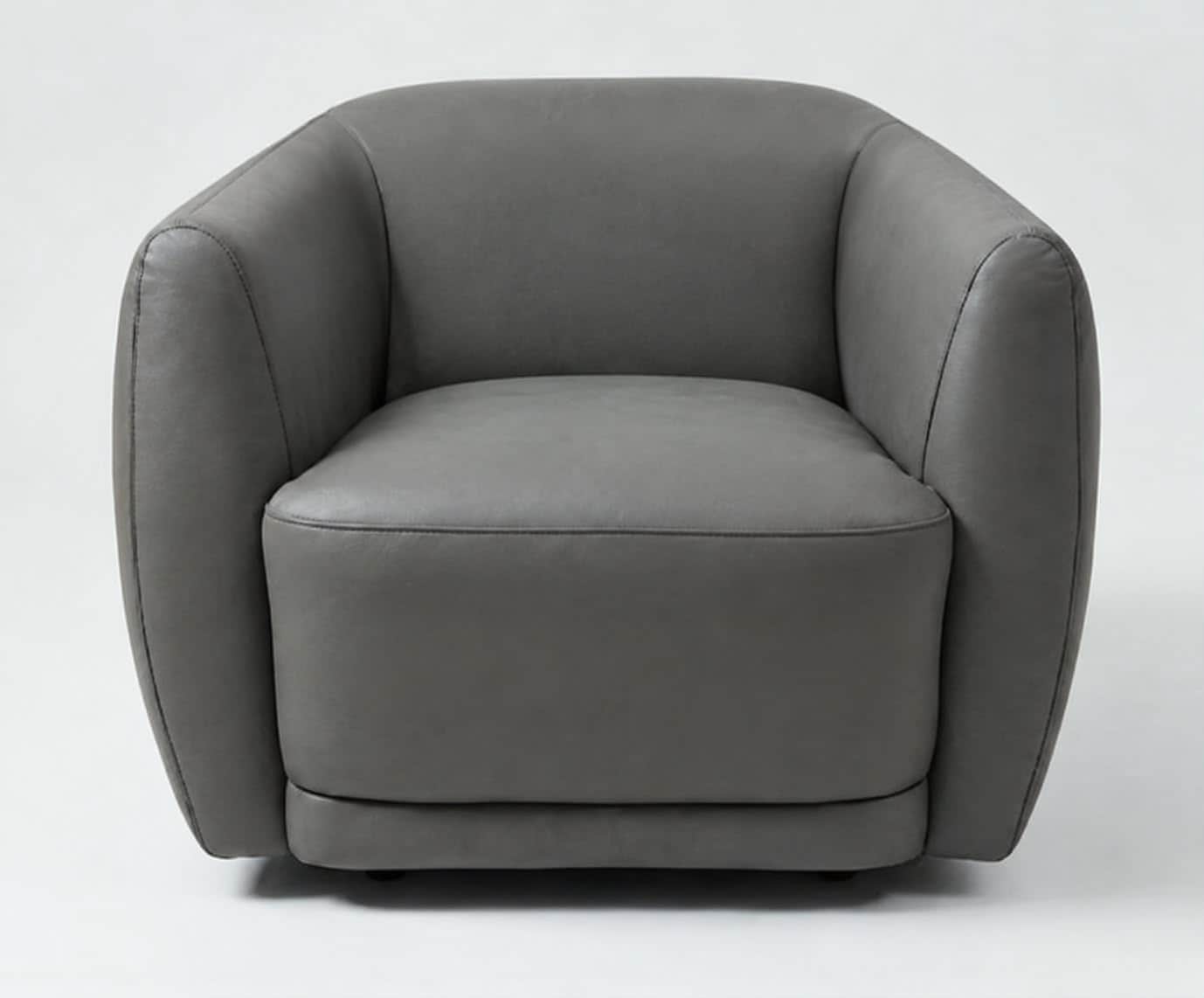 A modern, grey upholstered armchair with a rounded barrel shape, integrated arms and back, and a sep… — 3D model