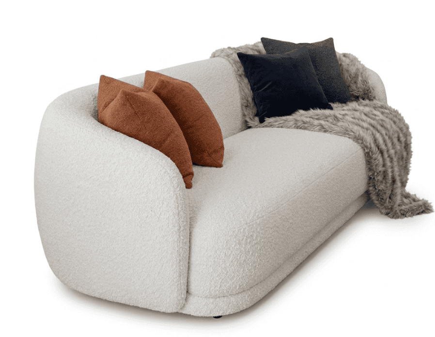 A contemporary off-white bouclé upholstered sofa with a distinctive curved and rounded silhouette. T… — 3D model