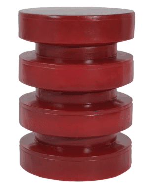 A deep red, cylindrical, sculptural stool or pedestal, featuring a series of stacked, rounded, conca… — 3D model