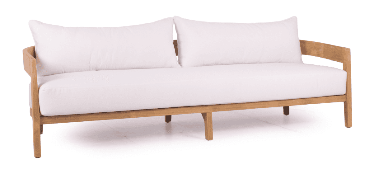 A two-seater sofa featuring a natural light-toned wooden frame, possibly teak, with an open back and… — 3D model