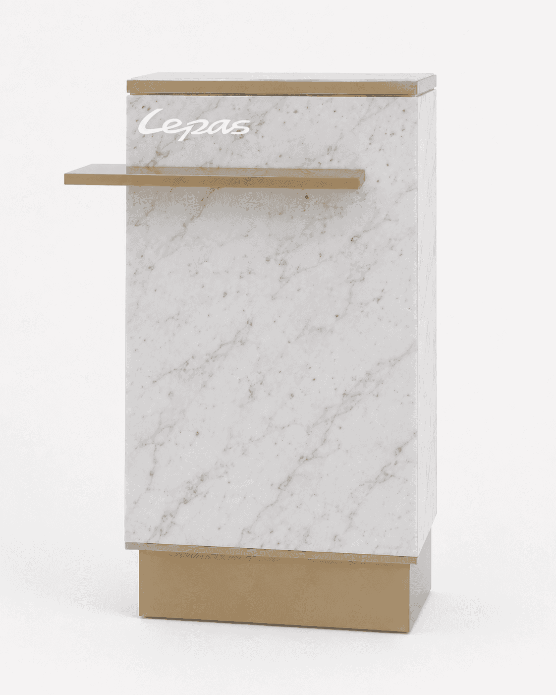A tall, rectangular furniture piece, primarily composed of white marble with subtle gray veining. It… — 3D model