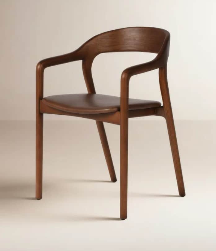 A medium-brown wooden chair featuring a gracefully curved backrest and integrated armrests. The seat… — 3D model