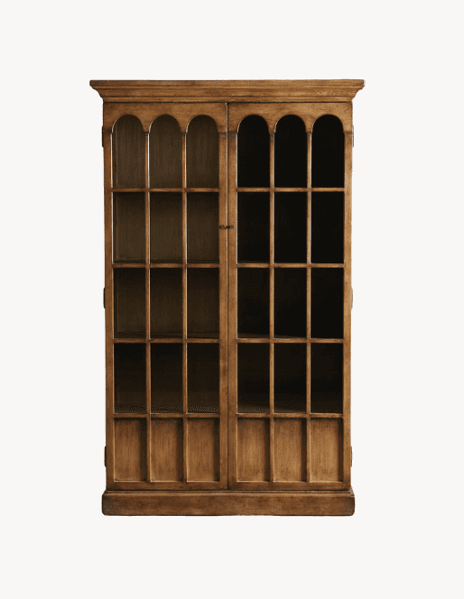 A tall, two-door wooden bookcase with glass panes. The doors are divided into multiple rectangular s… — 3D model