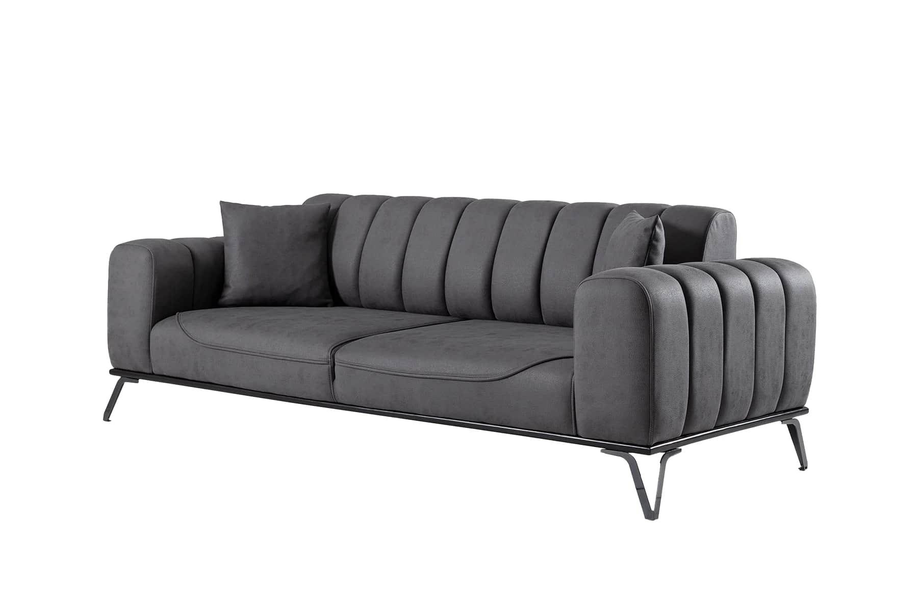 A contemporary two-seater sofa upholstered in dark gray fabric, featuring distinctive channel-tuftin… — 3D model