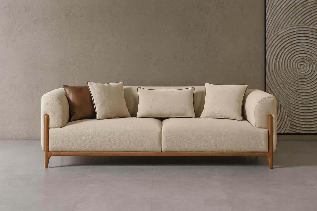 A modern three-seater sofa featuring a light beige fabric upholstery and a distinctive exposed wood… — 3D model