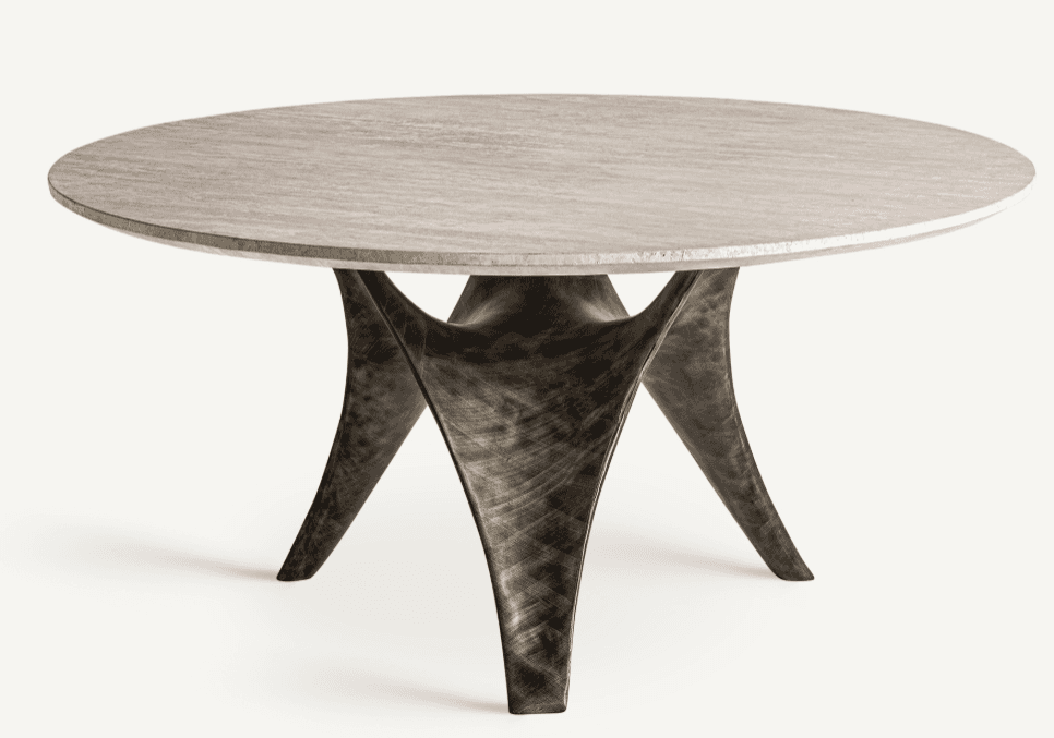 A round coffee table with a light-colored, textured stone or composite top and a unique, sculptural… — free OBJ 3D model