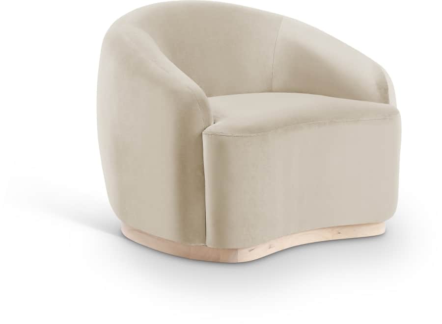 A contemporary armchair with a rounded barrel shape, upholstered in beige velvet-like fabric, and si… — 3D model
