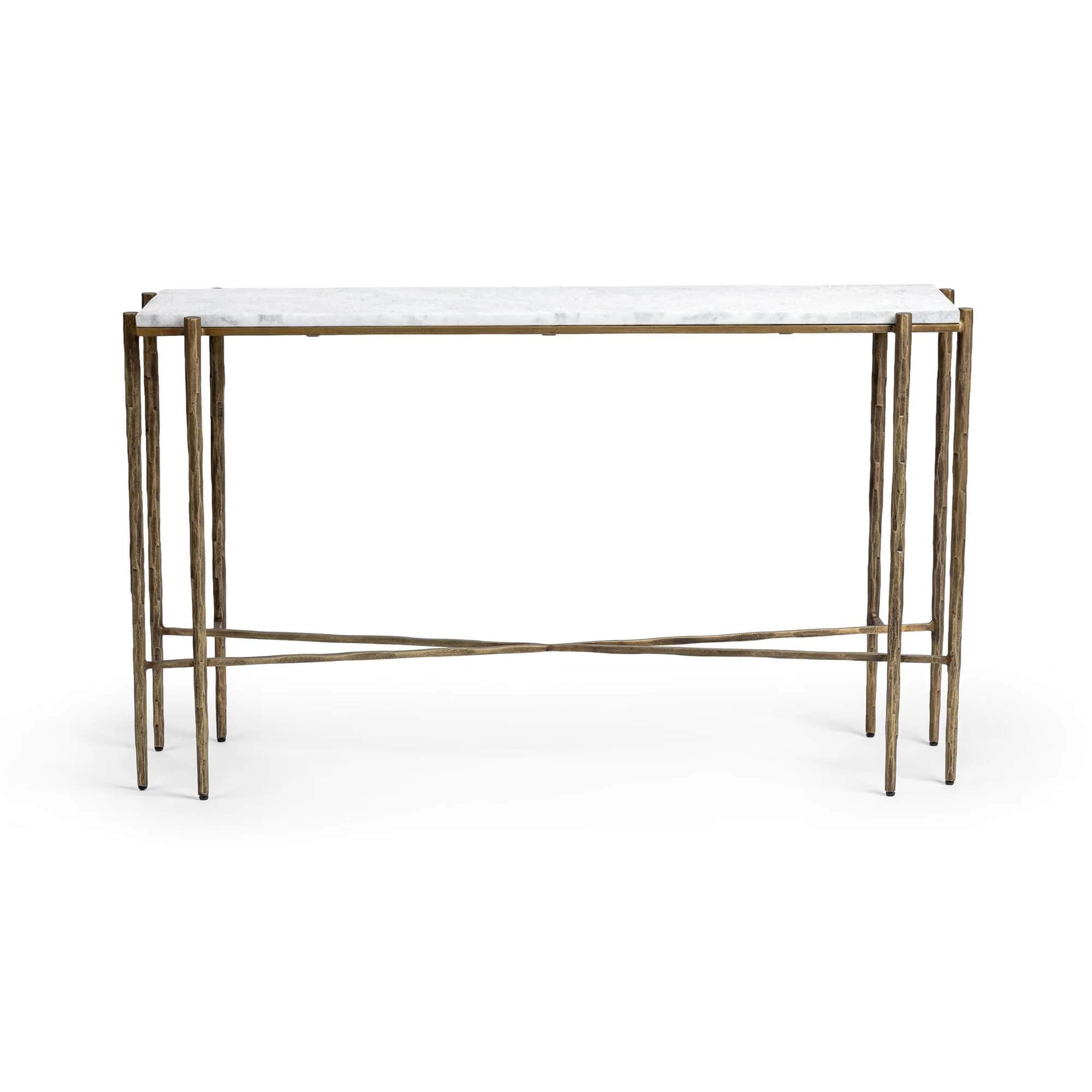 A rectangular console table featuring a white marble top and a metallic base. The base consists of f… — 3D model
