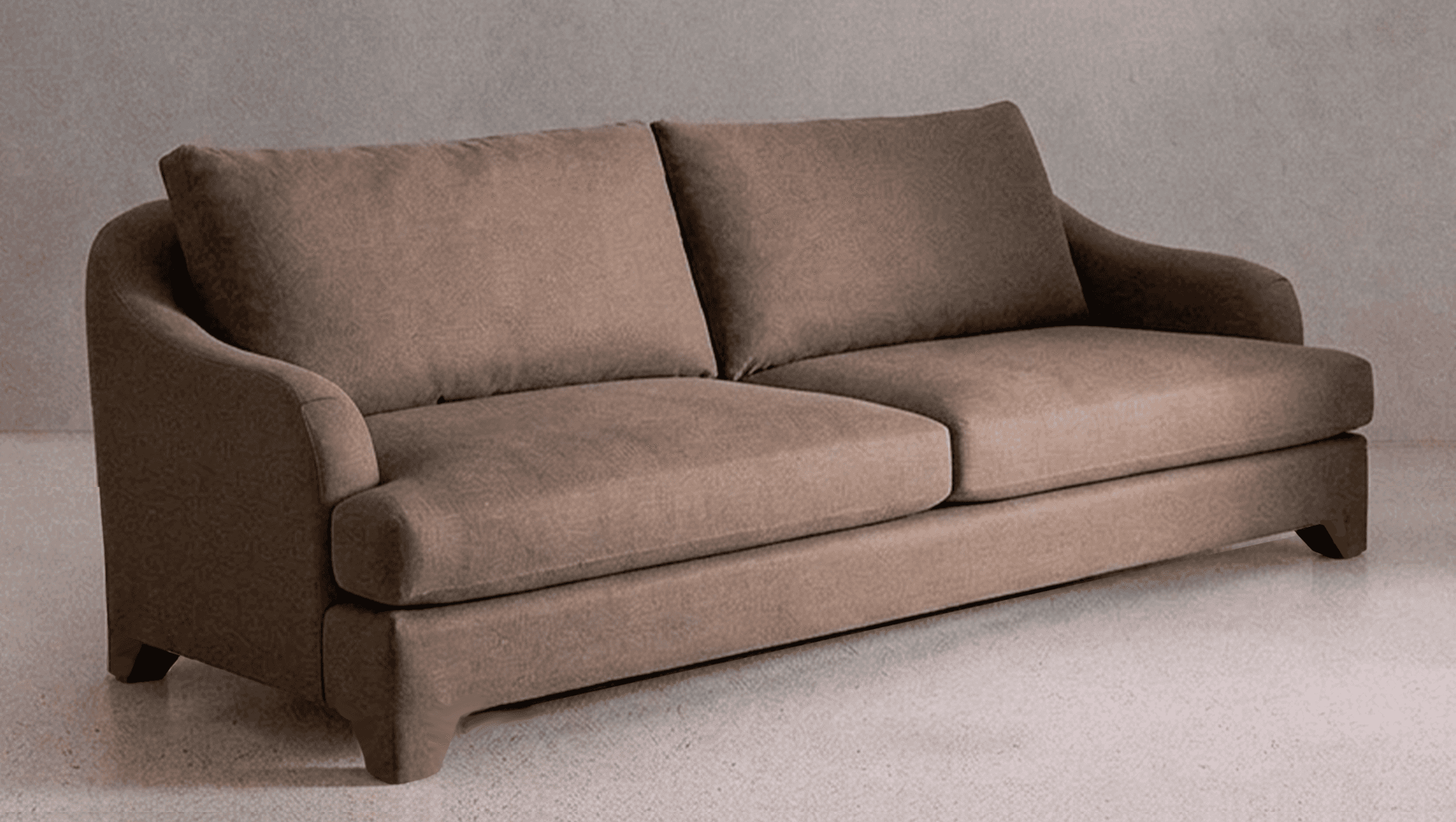 A contemporary three-seater sofa upholstered in a neutral taupe fabric, featuring gently curved arms… — 3D model