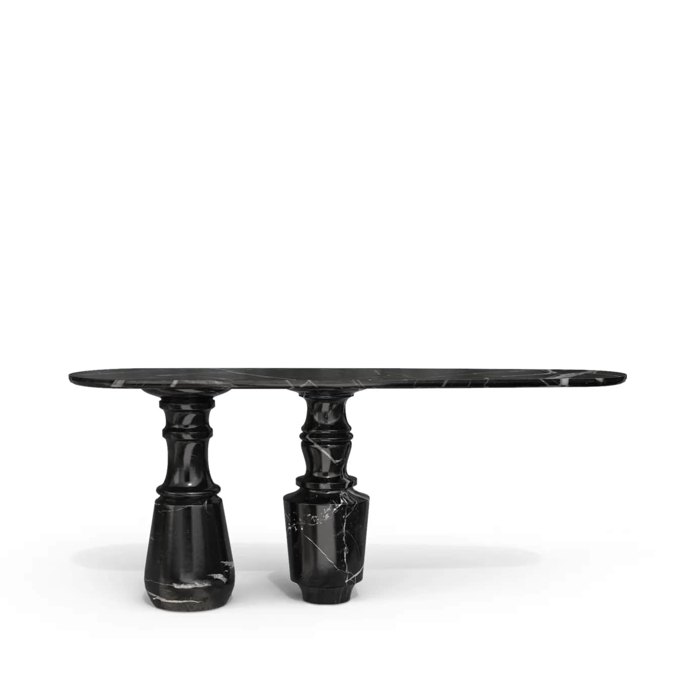 A sophisticated and sculptural console table crafted entirely from black marble with prominent white… — 3D model