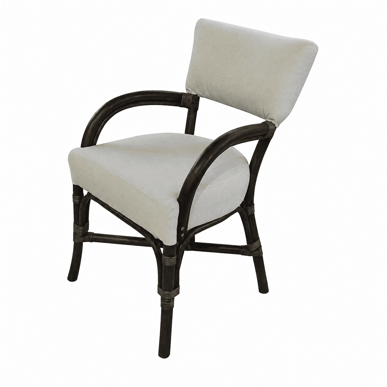 A dark brown rattan armchair with upholstered seat and back cushions in a light cream or off-white f… — free OBJ 3D model