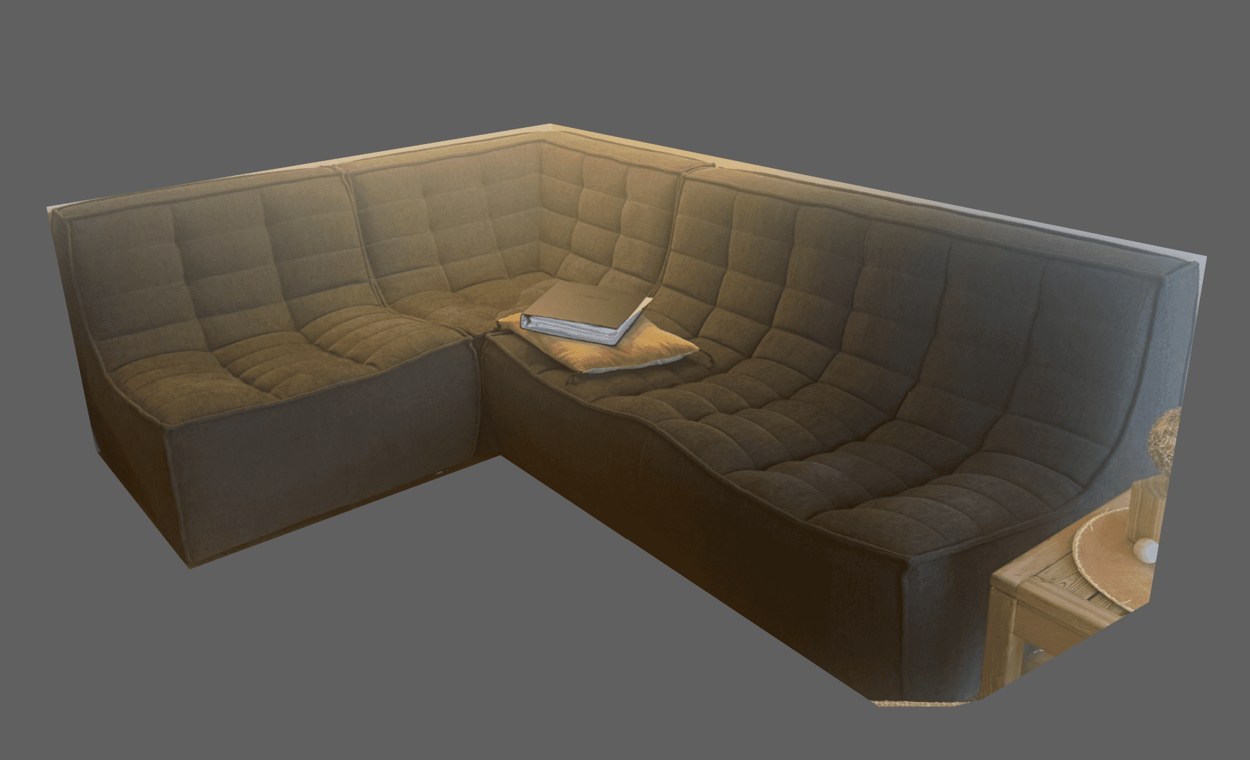 A modular sectional sofa with a low profile and deep seating. The design features a grid-like tufted… — 3D model