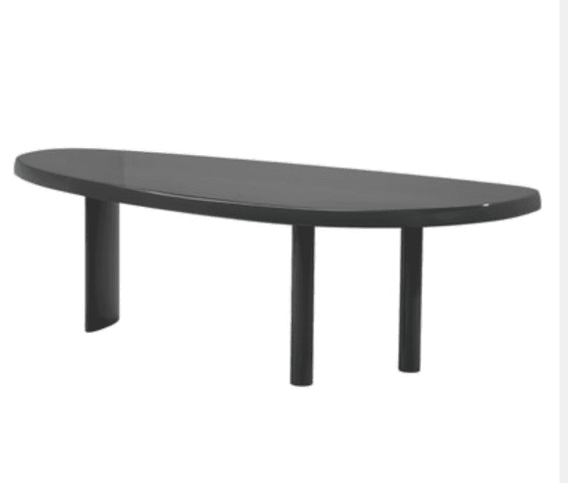 An elongated, organically shaped coffee table with a matte dark gray finish. The tabletop features s… — free GLB 3D model