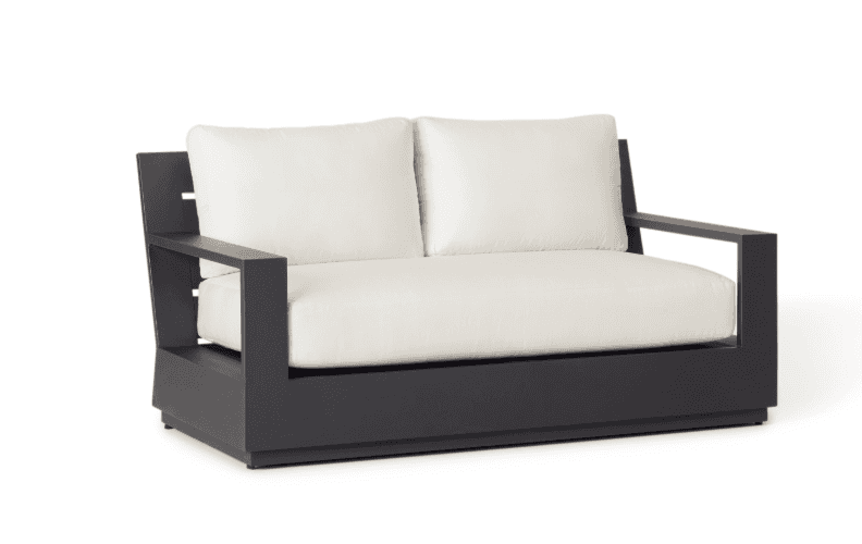 A modern two-seater outdoor loveseat featuring a dark grey, powder-coated metal frame with a clean,… — 3D model