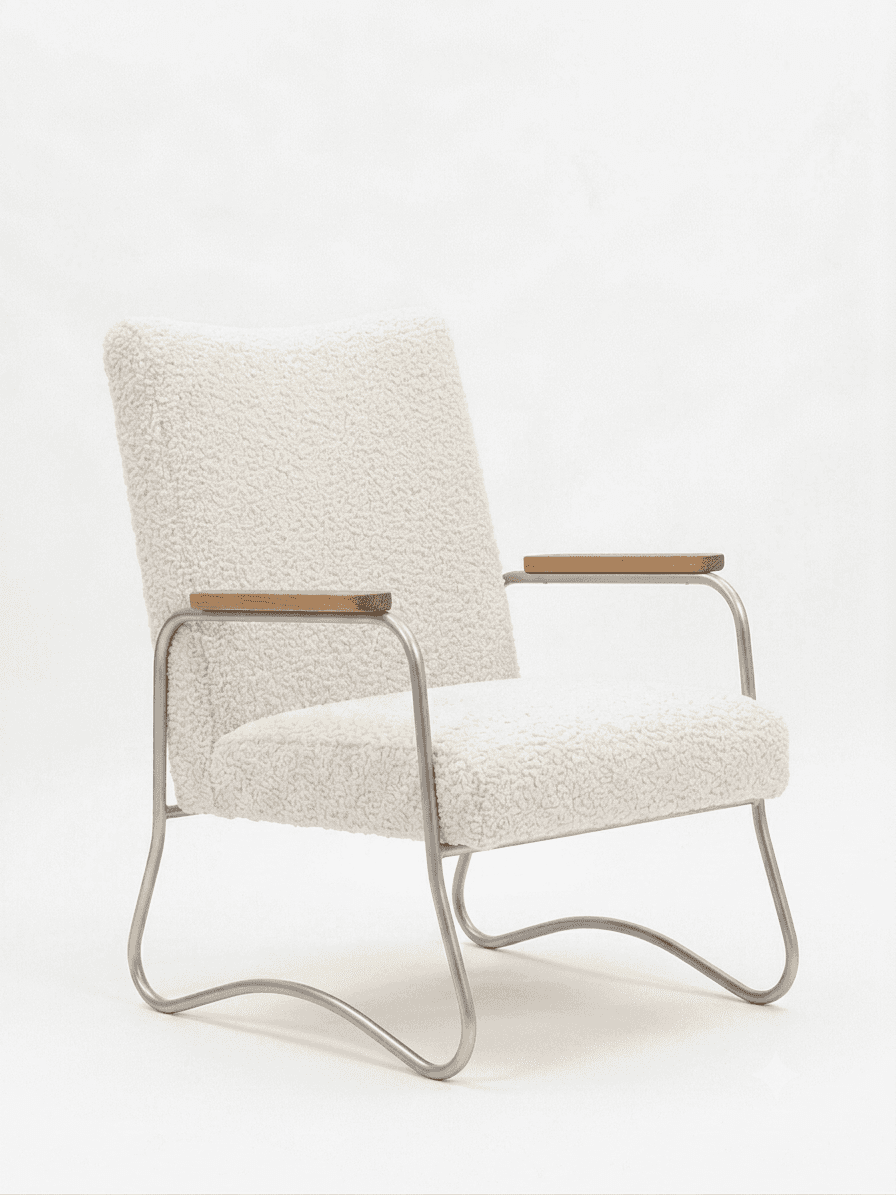 A contemporary armchair featuring an off-white bouclé upholstery on the seat and backrest, supported… — 3D model