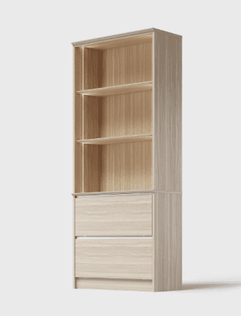 A tall, contemporary storage unit featuring an upper section with three open shelves and a lower sec… — 3D model