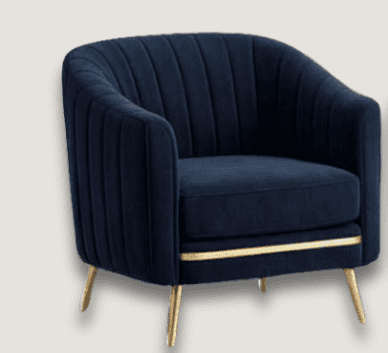 An elegant barrel-shaped accent armchair upholstered in navy blue velvet. It features vertical chann… — free OBJ 3D model