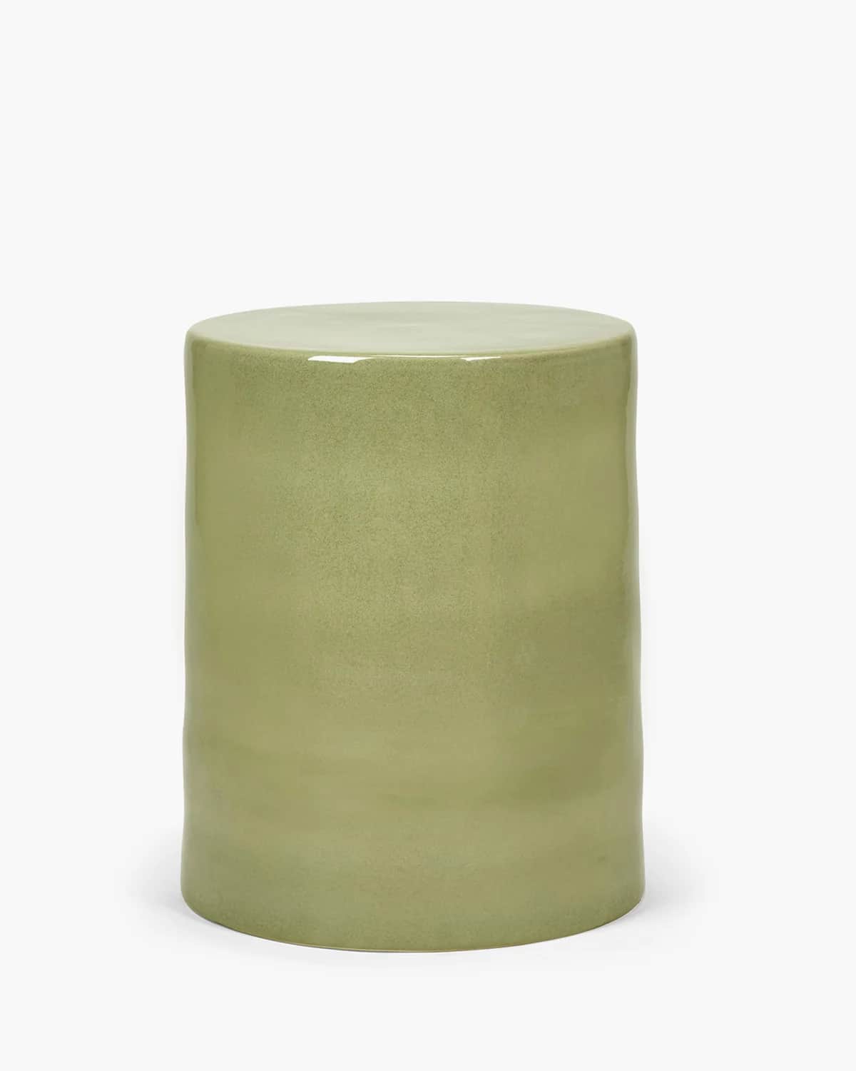 A cylindrical furniture piece, likely a stool or side table, crafted from ceramic with a glossy sage… — 3D model