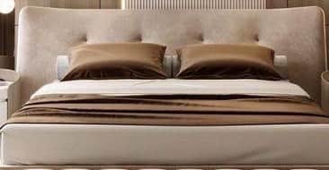A modern platform bed featuring a generously upholstered headboard in a neutral beige fabric. The he… — free SKP 3D model