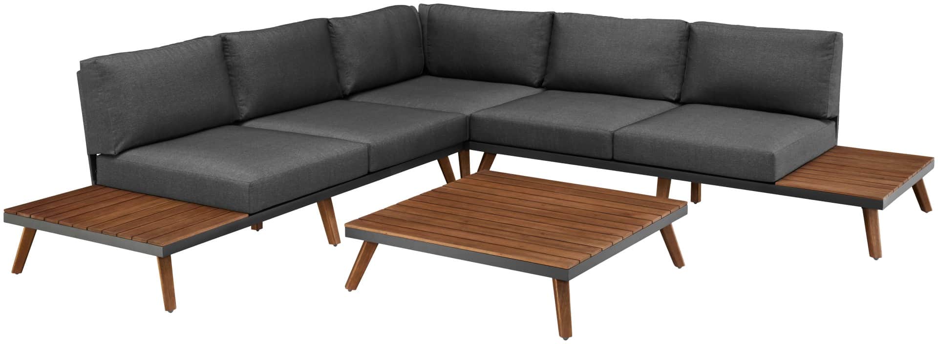 A modular sectional outdoor sofa with integrated side tables, paired with a slatted wooden coffee ta… — 3D model