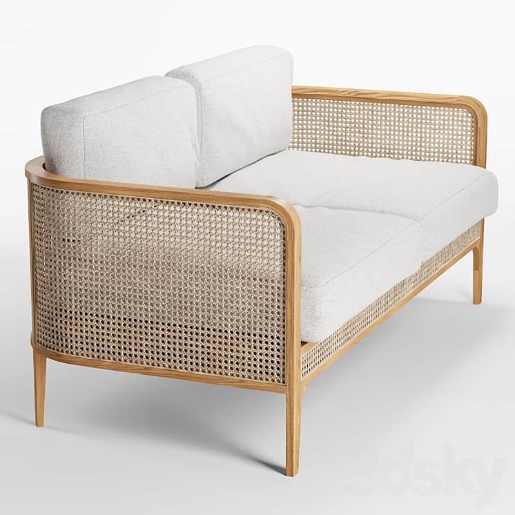 A contemporary two-seater loveseat featuring a light oak wood frame with woven cane panels on the si… — free STL 3D model