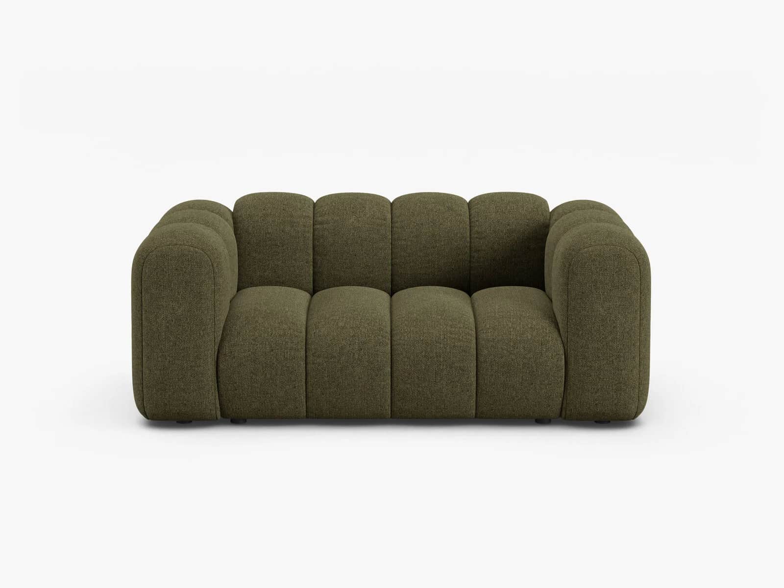 A contemporary two-seater loveseat featuring distinctive channeled upholstery in a textured olive gr… — 3D model