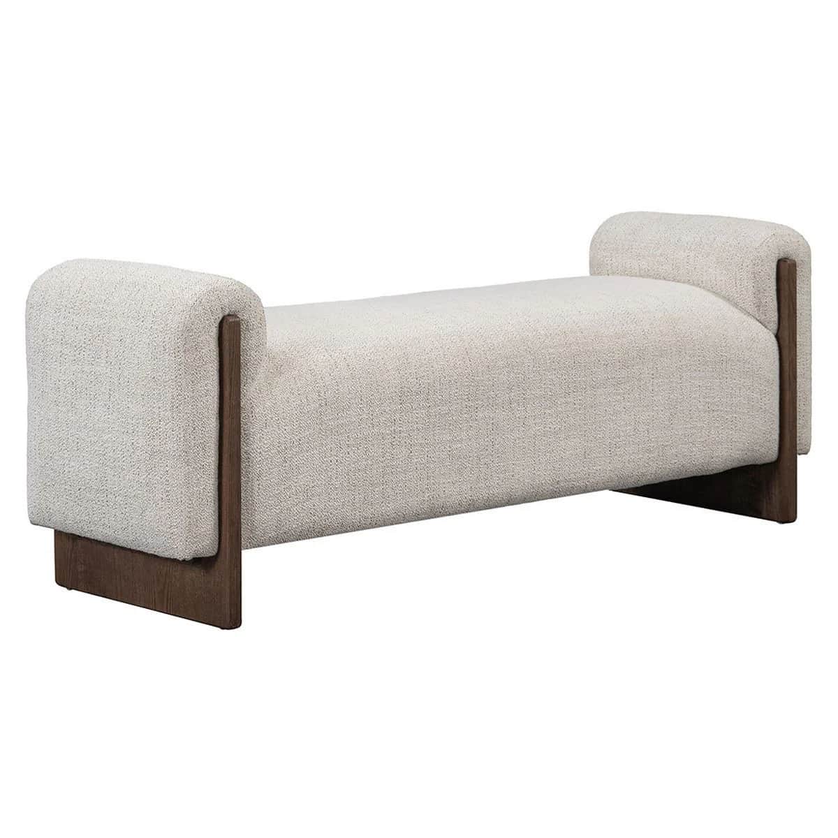 A modern upholstered bench with a textured, light-colored fabric and dark wood accents. The bench fe… — free OBJ 3D model