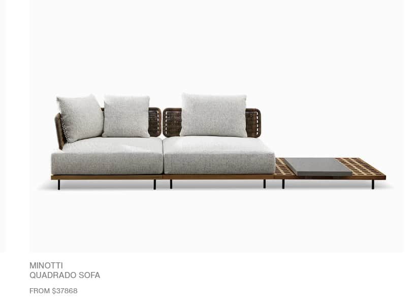 A contemporary modular outdoor sofa featuring two seating units upholstered in light grey fabric wit… — 3D model