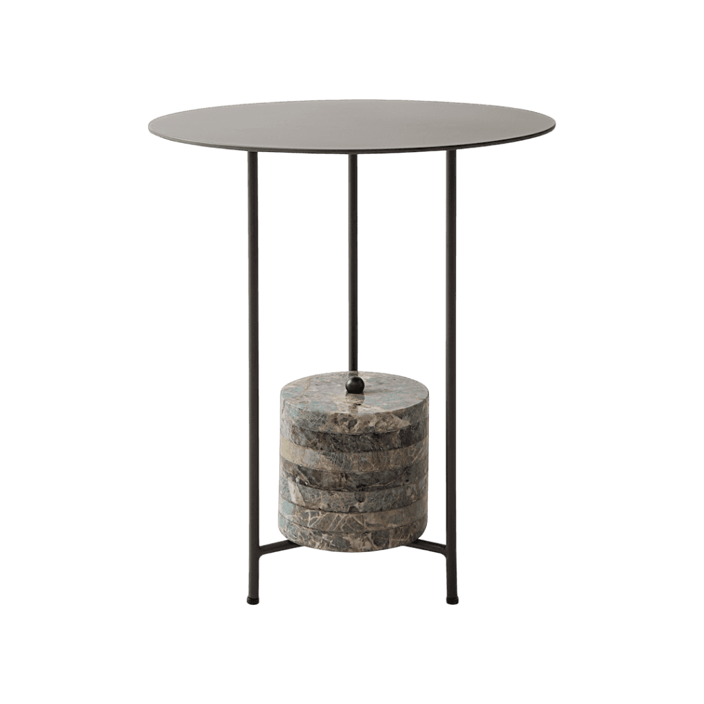 A contemporary side table with a round dark gray metal top, slender dark metal legs, and a cylindric… — free STL 3D model