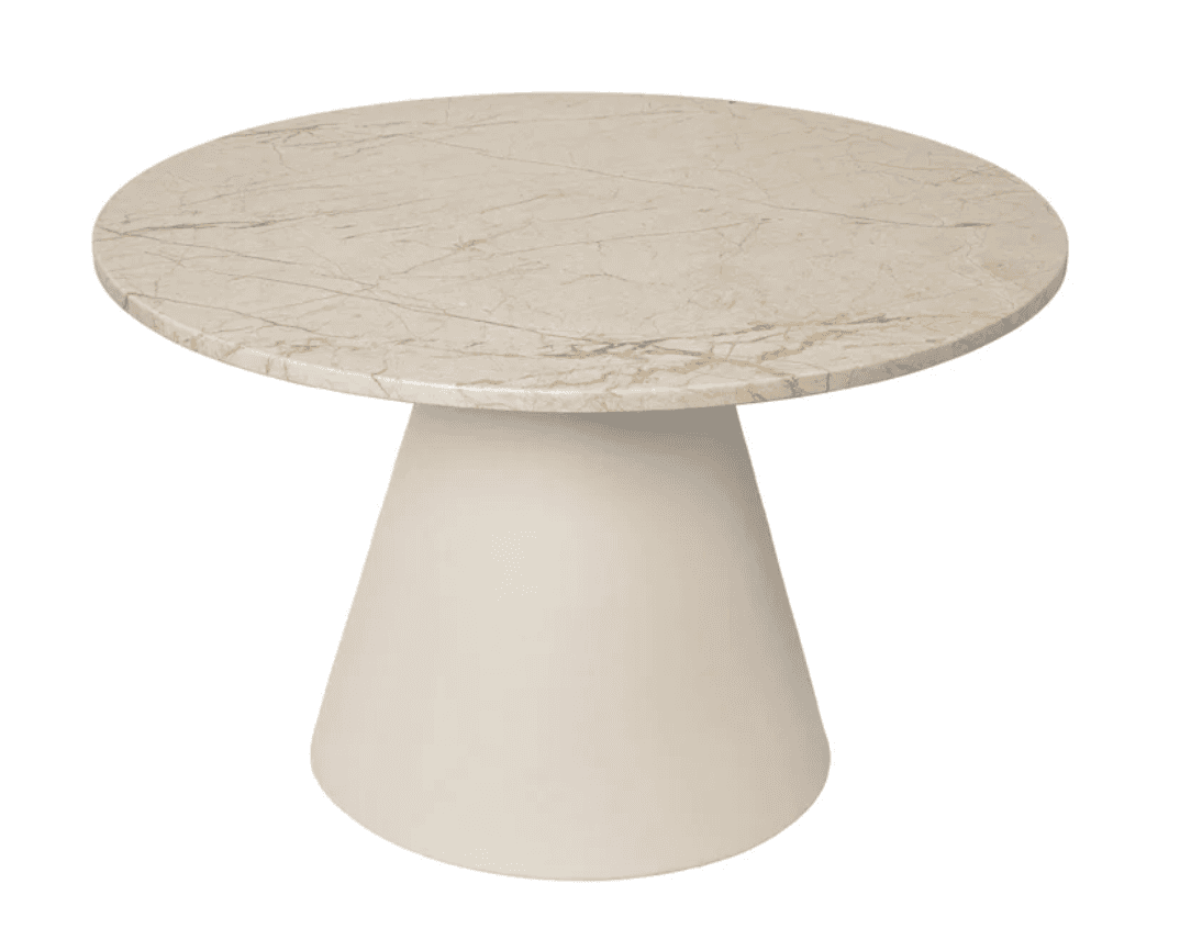 A round dining table with a marble top and a conical base. The tabletop exhibits a natural marble ve… — 3D model
