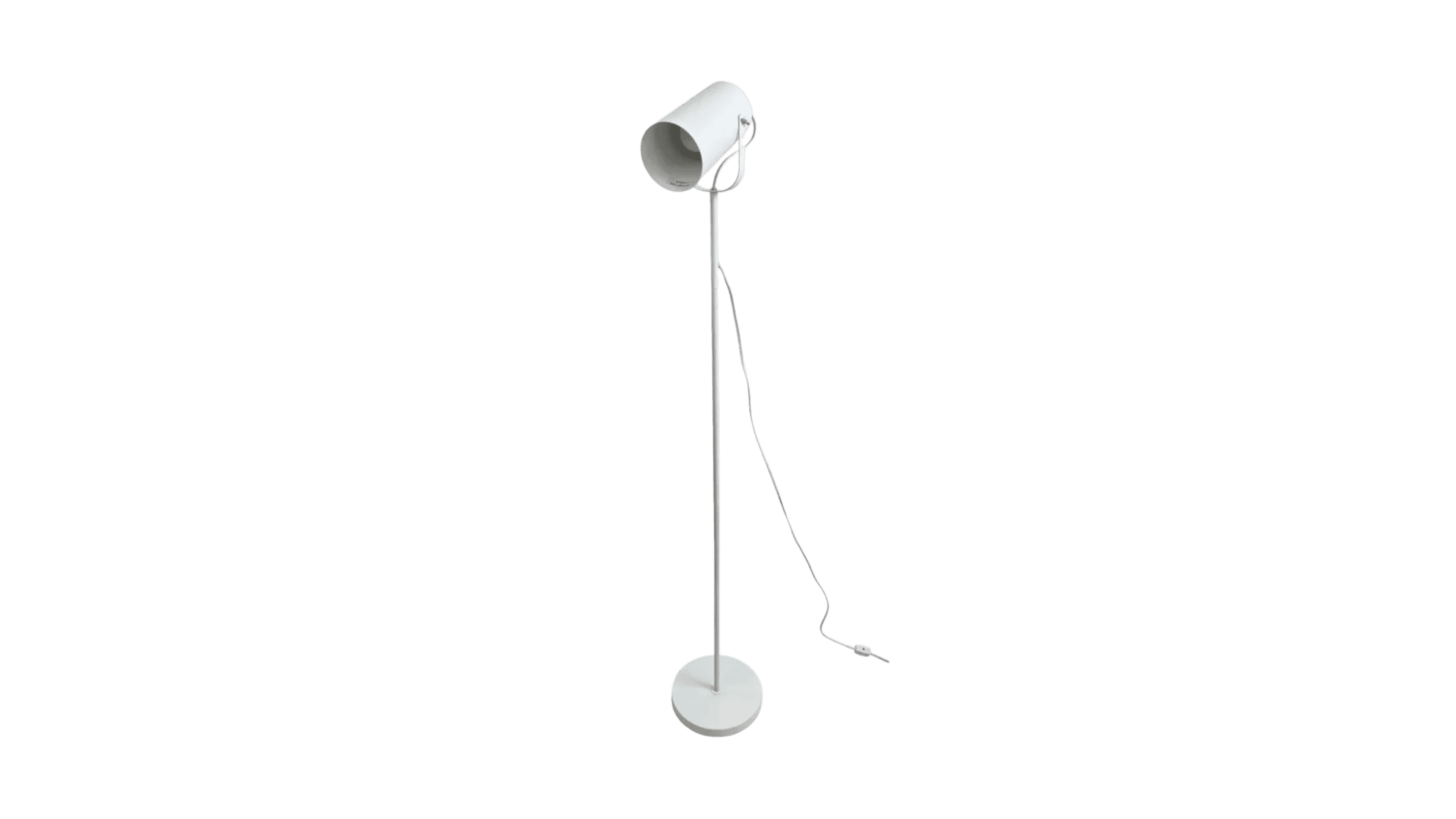 A white floor lamp with a cylindrical shade on a slender pole and a circular base. The lamp has an a… — 3D model
