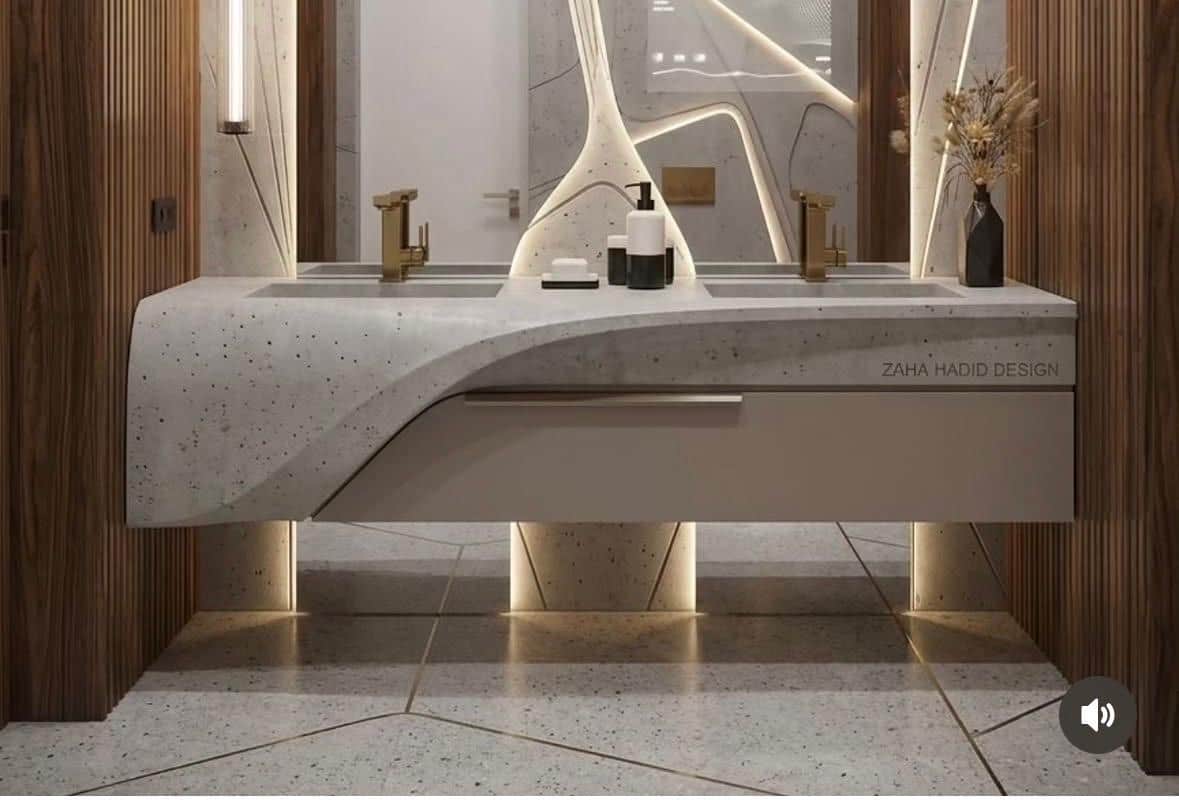 A double basin vanity unit with a speckled grey countertop, integrated sinks, and gold-toned faucets… — free OBJ 3D model