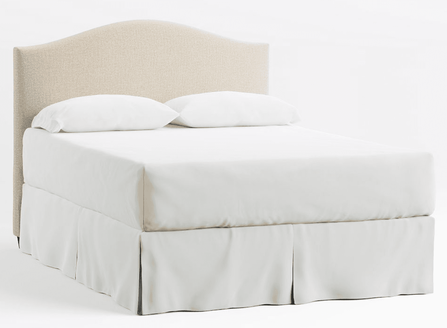 A neutral-toned upholstered bed featuring a headboard with a gently arched top. The bed includes a m… — 3D model