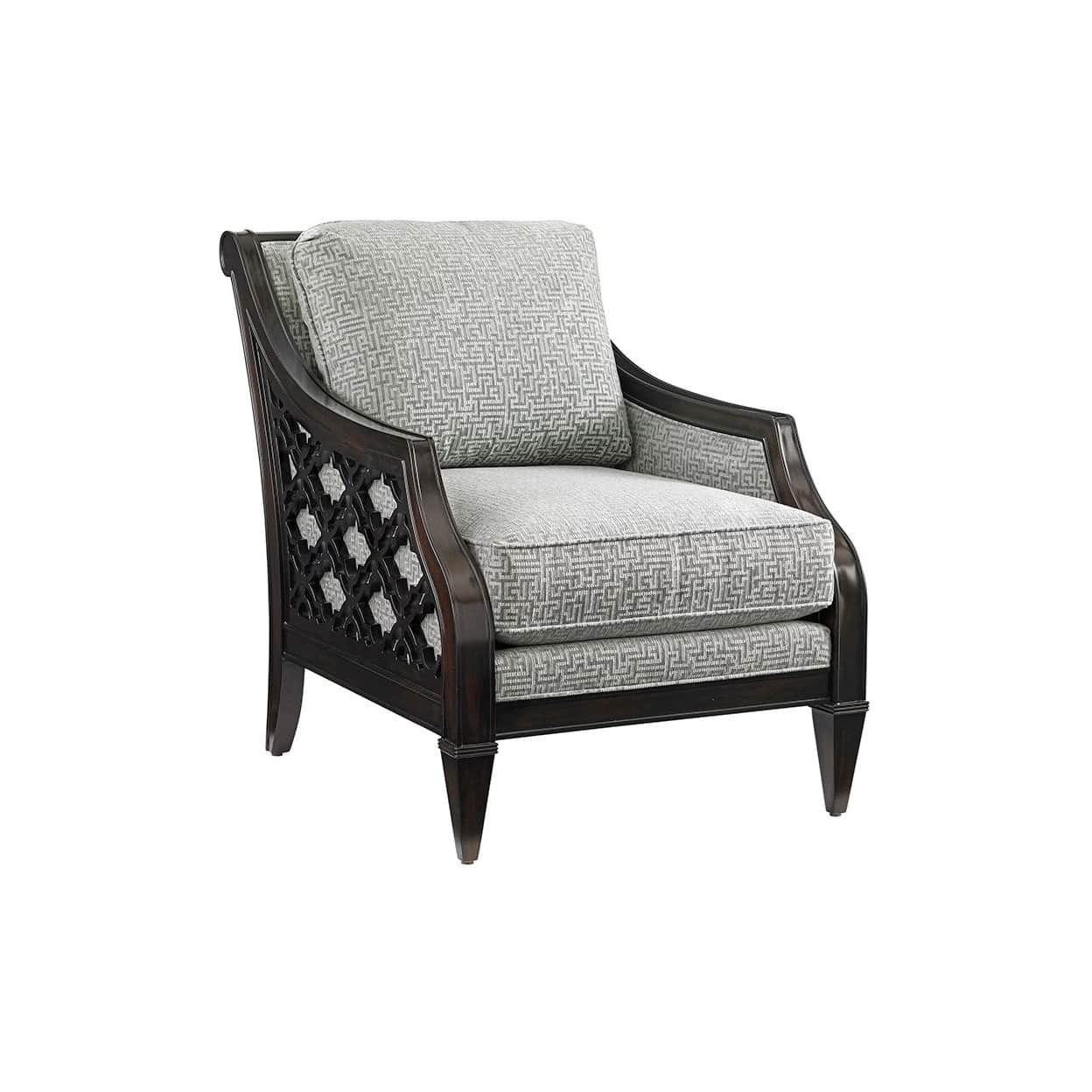 A traditional or transitional style accent chair featuring a dark-stained solid wood frame with intr… — 3D model
