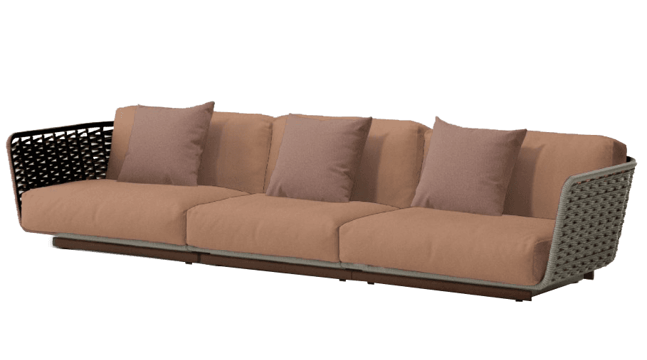 A three-seater sofa with a contemporary design, featuring a woven backrest and armrests. The seat an… — 3D model