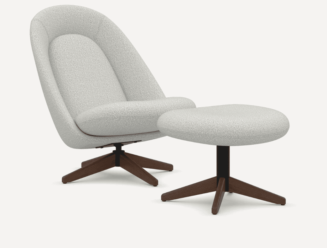 A contemporary upholstered swivel lounge chair with a matching ottoman, both featuring a light, text… — 3D model