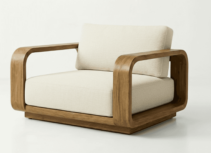 A modern armchair with a distinctive rounded wooden frame and upholstered seat and back cushions. Th… — 3D model