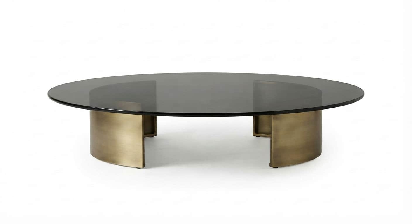 A round coffee table featuring a smoked glass top and a distinctive base made of antique brass-finis… — 3D model