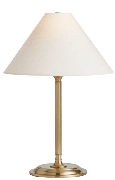 A brass table lamp featuring a circular stepped base supporting a slender, fluted column. The column… — 3D model