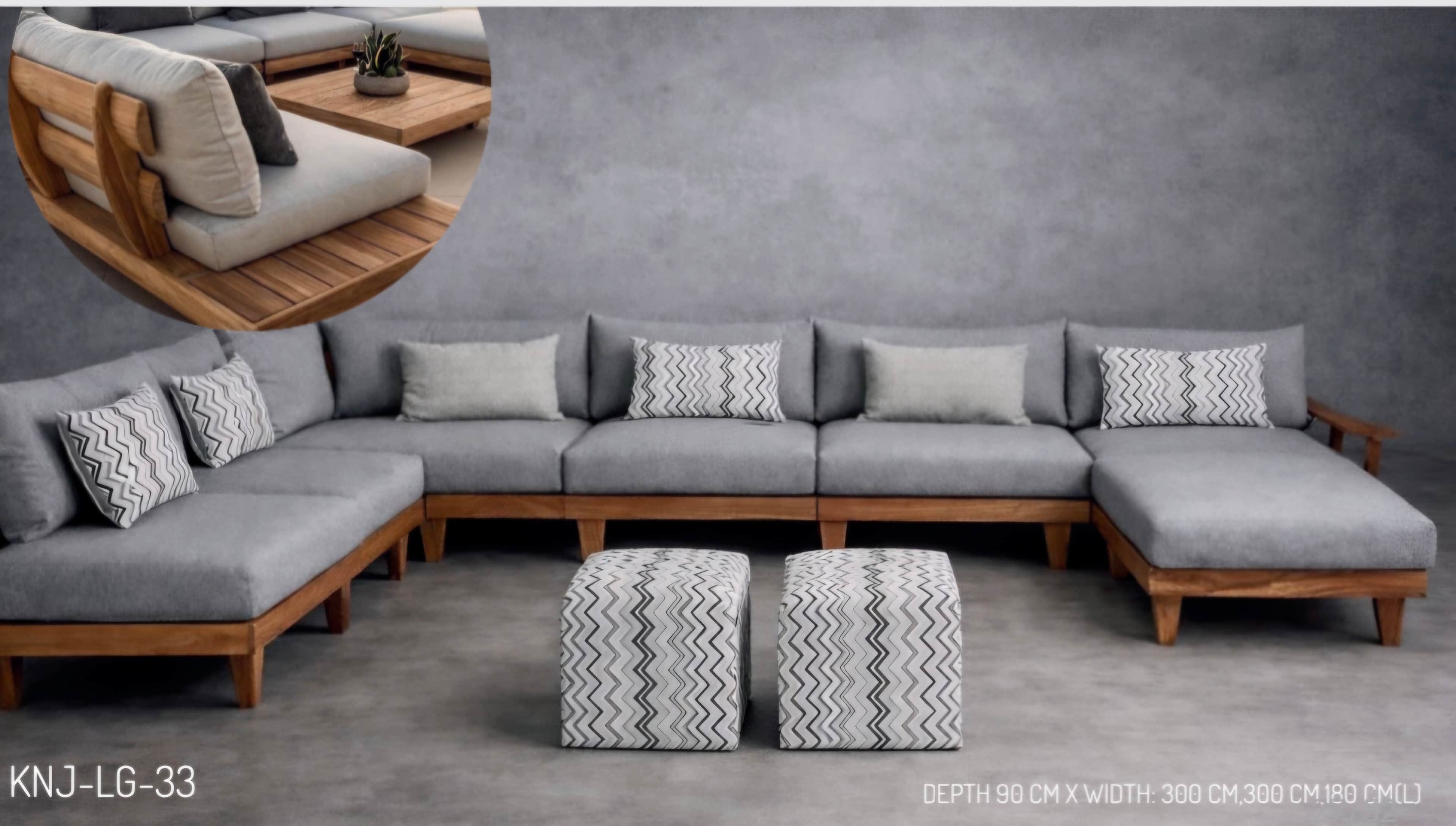 A modular outdoor sectional sofa featuring a natural teak wood frame and light grey fabric cushions.… — 3D model