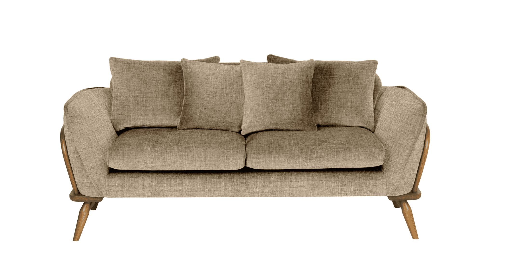 A two-seater loveseat featuring a light brown, textured fabric upholstery and an exposed, curved woo… — 3D model