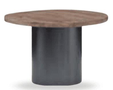 A modern side table characterized by an oval wooden tabletop supported by a single, sturdy cylindric… — 3D model